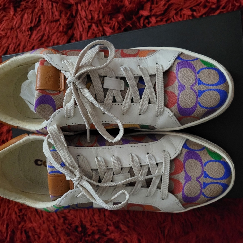 Coach canva sneakers, women's size 10. Tan with rainbow C's. - Picture 2 of 4